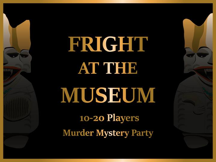 Murder Mystery Party Kit Modern Day Dark Academia theme Theme front cover; cursed figurine, gold lettering, black and gold, ancient figurine