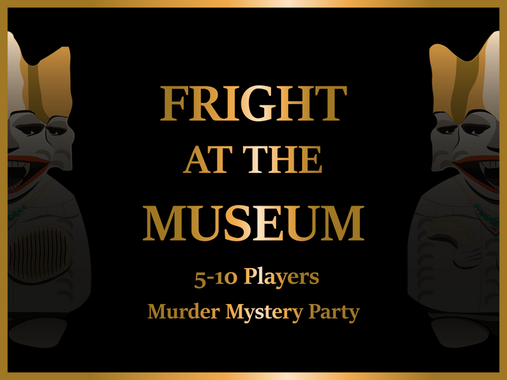 Murder Mystery Party Kit Modern Day Dark Academia theme Theme front cover; cursed figurine, gold lettering, black and gold, ancient figurine