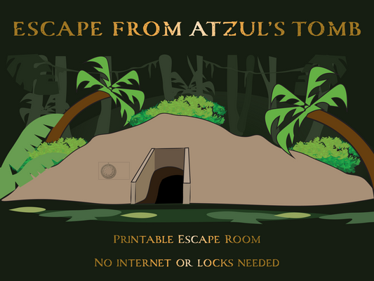 escape room front cover; tomb, trees, jungle, tomb entrance