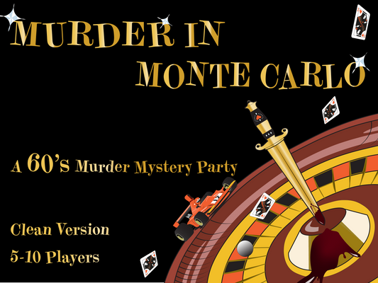 Murder Mystery Party Kit 1960s Monte Carlo Casino Theme front cover; roulette wheel, bloody dagger, playing cards, formula one car