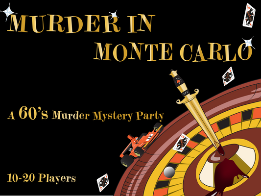 Murder Mystery Party Kit 1960s Monte Carlo Casino Theme front cover; roulette wheel, bloody dagger, playing cards, formula one car
